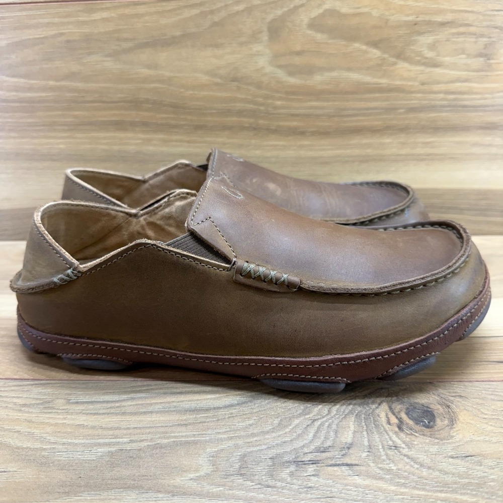 Olukai Moloa Brown Leather Moc Toe Loafers Mens 9 EU 42 Boat Summer Resort